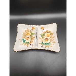 Vintage UCAGCO Ceramics Japan Yellow Flowers Handled Double Dish Trinket Tray